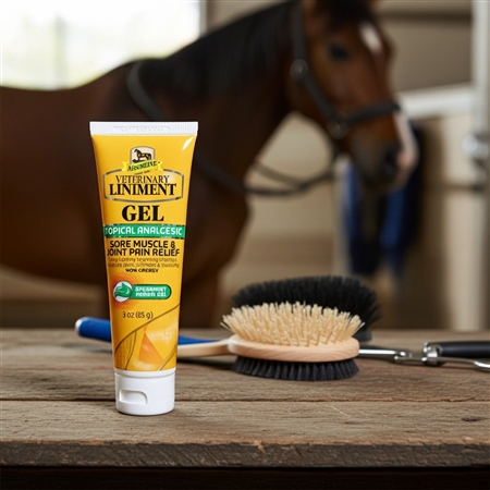 Absorbine Veterinary Liniment Gel 3 oz. - Convenient and easy-to-apply gel providing powerful pain relief for sore muscles, ligaments, tendons, and stiff joints in animals. Available online at Piedmont Farm and Garden Spartanburg SC