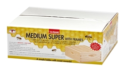 Little Giant 10-Frame Medium Super, made of unfinished pine, pre-assembled with wax-coated, natural-colored plastic foundation, fits standard Langstroth Hive.