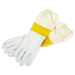 Little Giant Goatskin Gloves for beekeeping, featuring smooth and pliable goatskin, elastic cuffs, and vented sleeves, available in Medium and Large sizes.