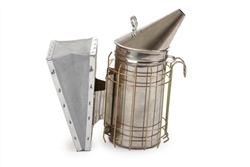 Little Giant Smoker with surrounding wire grid for heat protection, essential for calming bees during hive inspections and honey extraction.