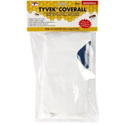 Little Giant Beekeeping Tyvek Coverall with full-front zipper closure, made of DuPont Tyvek. Features elastic sleeves and ankles for bee protection, available in Medium, Large, and Extra Large sizes. Disposable and water-resistant for versatile use.