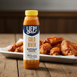 Yep! Gold River Buffalo Sauce 12 oz bottle – Southern mustard-based buffalo sauce made in Spartanburg SC by Blue Moon Specialty Foods – available at Piedmont Farm & Garden