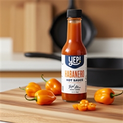 5 oz bottle of Yep! Habanero Hot Sauce, a South Carolina-certified product from Blue Moon Specialty Foods. This gluten-free hot sauce features aged red cayenne peppers, habanero mash, and other spices.