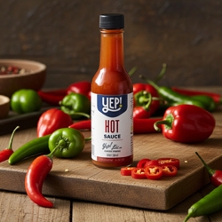 5 oz bottle of Yep! Hot Sauce, a unique cayenne-based hot sauce from Blue Moon Specialty Foods in Spartanburg, SC. Certified South Carolina product.