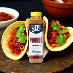 Bottle of Yep! Voodoo Chutney with pineapple and habanero peppers