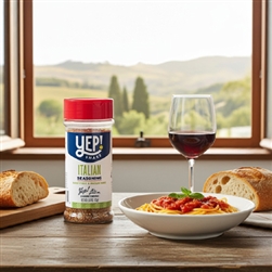 SC Certified Yep! Shake Italian Seasoning bottle on a rustic wooden table