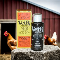 VetRx Poultry Remedy in 2 oz. bottle with packaging â€“ used for colds, eye worm, and scaly legs in poultry