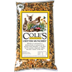 A 5 lb. bag of Cole's Critter Munchies, a premium wildlife feed mix for birds, squirrels, chipmunks, deer, and rabbits, featuring whole yellow corn, striped sunflower seeds, peanuts in the shell, black oil sunflower seeds, and raw peanuts.