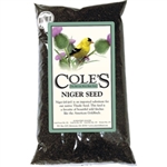 Bag of Coleâ€™s Niger Seed bird feed, perfect for attracting American Goldfinch and wild finches, displayed next to a Nifty Niger tubular feeder filled with seed.