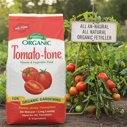 Tomato-tone 3-4-6 plant food package with vibrant tomato plants bearing plump, juicy tomatoes in the background, showcasing healthy growth and abundant fruit.