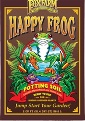 FoxFarm Happy FrogÂ® Potting Soil 2 cu ft. bag with vibrant packaging featuring a smiling frog and lush garden imagery