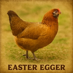 Easter Egger hen with multi-colored plumage laying green and blue eggs in a sunny backyard