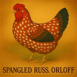 Spangled Russian Orloff chicken with striking spangled plumage standing in a farmyard at Spartanburg SC retail store.