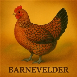 Barnevelder chicken with striking double-laced plumage, standing in a farmyard â€” a calm, friendly heritage breed known for large dark brown eggs.