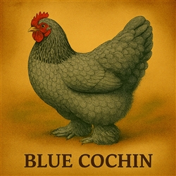 Blue Cochin chickens with fluffy blue feathers, gentle temperament, and medium brown egg production â€” standing in a rustic farmyard setting.