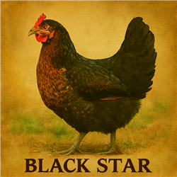 Black Sex Star hen with shiny black feathers and golden hackles standing in a farmyard.