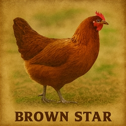 Brown Star hen with red and white plumage standing in a farmyard, sex-linked brown egg laying breed