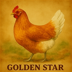 Golden Star hen with gold and red streaked feathers standing in a sunny farmyard, brown egg layer breed
