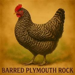 Barred Plymouth Rock chickens â€” black and white barred feathers, calm and hardy dual-purpose breed known for excellent brown egg production.