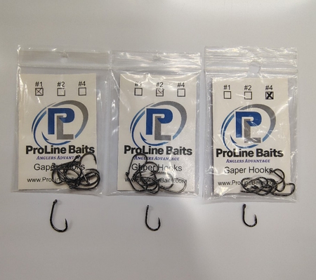 Close-up of Gaper Hooks untied in packs of 10 with wide gape and micro barbs