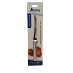 Rada Tomato Slicer R126 with 5 inch serrated blade and silver aluminum handle cutting fresh tomatoes cleanly on cutting board