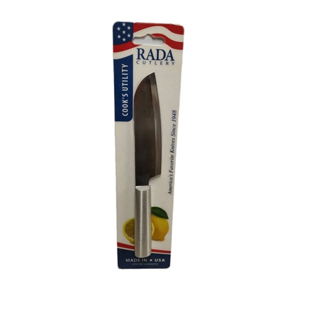 Rada Cook's Utility Knife R140 with silver aluminum handle and 4.75 inch stainless steel blade on kitchen cutting board