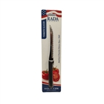 Rada Tomato Slicer W226 with black resin handle and 5 inch serrated blade slicing ripe tomato cleanly on kitchen cutting board