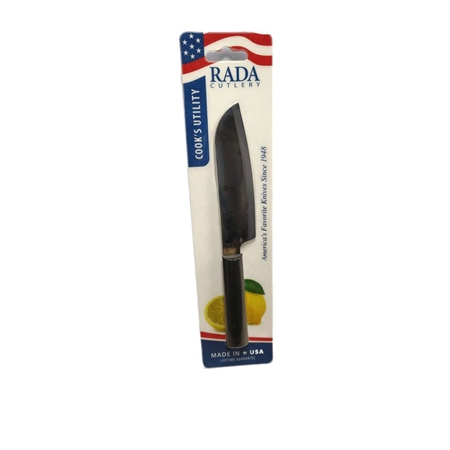 Rada Cookâ€™s Utility Knife W240 with black resin handle and 4.75 inch stainless steel blade on kitchen cutting board