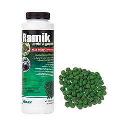 Ramik Mole & Gopher Rodenticide bottle with green pellet bait, SKU 116309