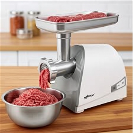 Weston Heavy-Duty Electric Meat Grinder No. 8 with stainless plates, knife, and sausage funnel