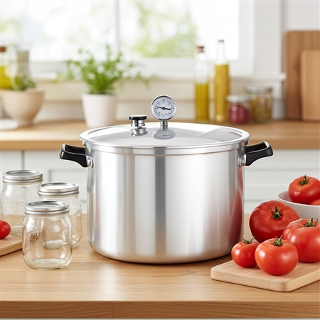 Presto 16-Quart Pressure Canner 01755 with dial gauge and locking lid on kitchen countertop