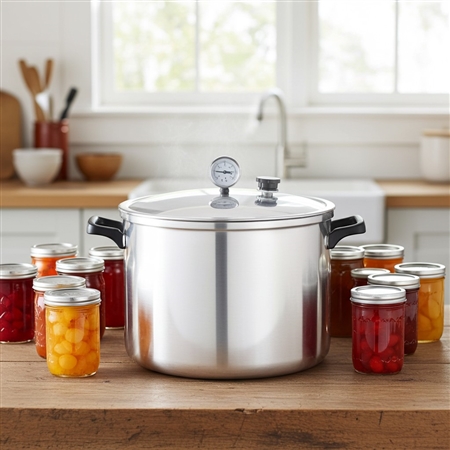Presto 23-Quart Pressure Canner 01781 with gauge, locking lid, and aluminum body for safe home canning.